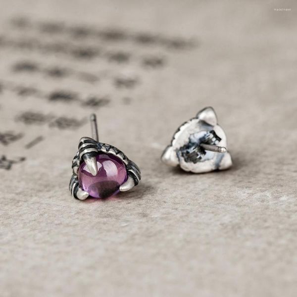 Boucles d'oreilles en argent Sterling 925 pur, bijoux en cristal violet pour femmes et hommes, clous d'oreille en forme de griffe de Dragon