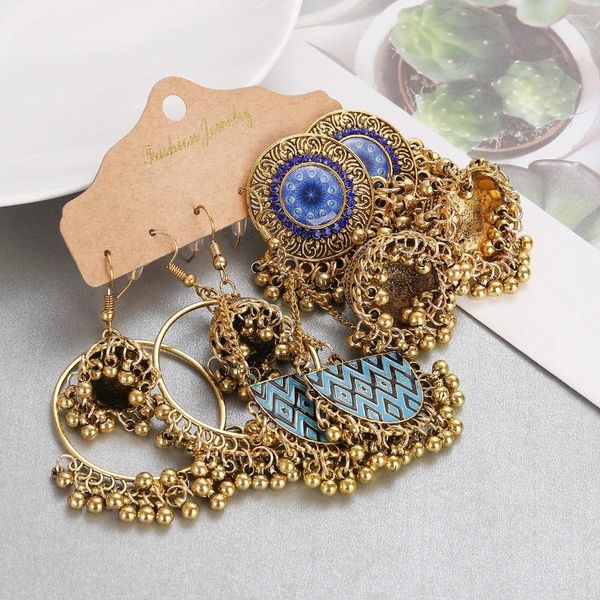 Boucles d'oreilles ethniques, grands ensembles ronds de couleur or pour femmes, Vintage, perles de fleurs bleues, pampilles longues, bijoux de boucles d'oreilles