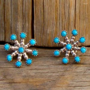 Stud -oorbellen etnische zilveren kleur metaal snij sneeuwvlok voor vrouwen vintage ronde ingelegde blauwe stenen sieraden