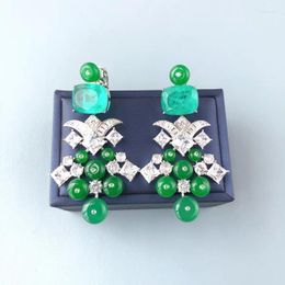 Stud Earrings Europe America Fashion Style Women Lady Inlay Synthetische Paraiba Cubic Zirkon Green Beads Tassels High-end sieraden