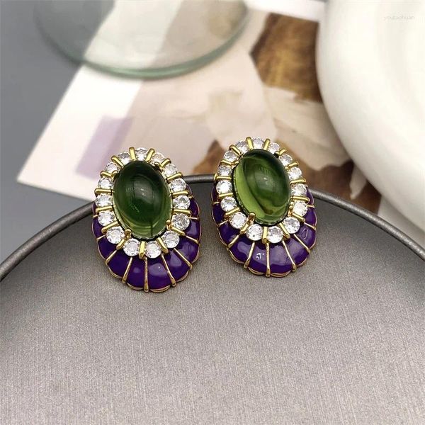 Pendientes de tuerca con incrustaciones geométricas Retro de Europa y América, esmalte púrpura de cristal verde para mujer, lujo exquisito