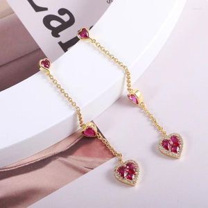 Pendientes de tuerca, joyería europea y americana, venta al por mayor, cadena de borla de amor rojo dulce, corazón de melocotón largo