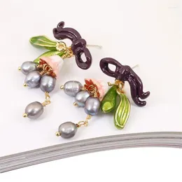 Boucles d'oreilles à pampilles en forme de plante européenne et américaine, perles rétro, émail peint à la main, glaçure, fleur de muguet, feuille verte