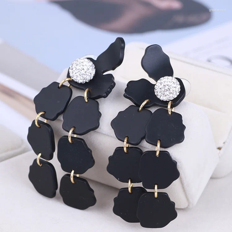 Stud Earrings European And American Soft Pottery Zircon Resin Petal Long Fashionable Elegant Multicolor