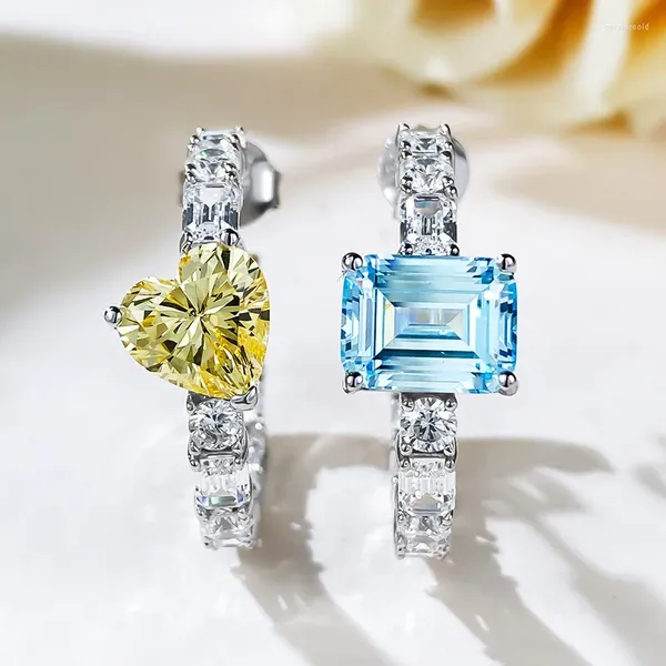 Boucles d'oreilles à clous de Style européen et américain, bague de couleur contrastée, diamant jaune, cœur bleu de mer, une paire