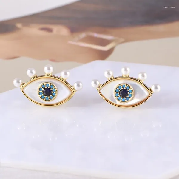 Pendientes de tuerca estilo europeo y americano tendencia de moda forma de ojo con incrustaciones de concha madre collar de perlas de diamantes de imitación niña