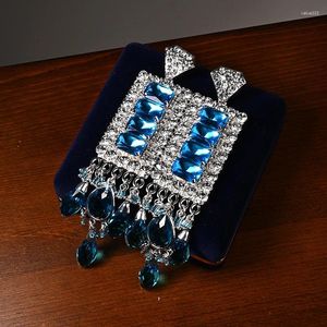 Pendientes de tuerca para mujer europea y americana, Vintage, industria pesada, flecos largos, nicho de cristal azul, moda ligera de lujo