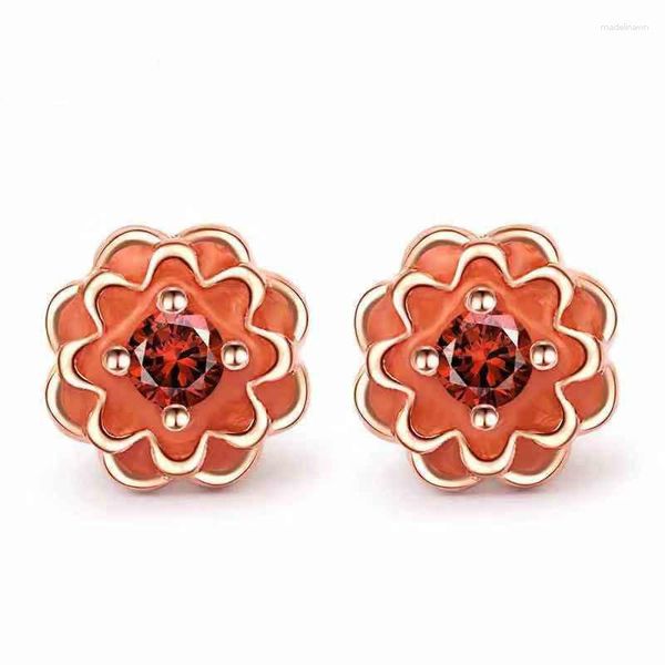 Boucles d'oreilles à tige européenne bricolage fait à la main Dahlia Original 925 argent pétale de Rose jardin émail rose Compatible avec les bijoux