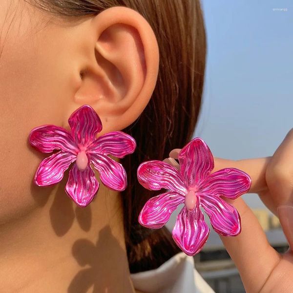 Boucles d'oreilles à clous pour femmes, grande fleur colorée exagérée, bijoux tendance, fantaisie rose, Kolczyki, 2023