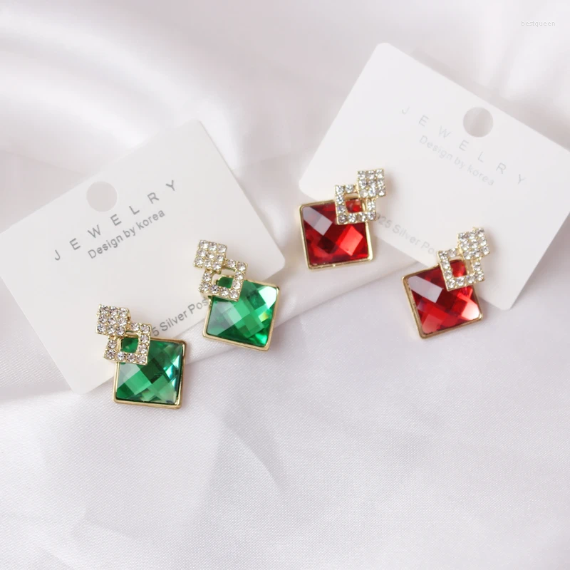 Orecchini a bottone esagerati grande gemma quadrata personalità trendy rosso verde cristallo geometrico rombo gioielli per le donne regalo