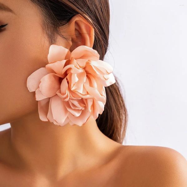 Pendientes de tuerca para mujer, flor de tela esponjosa grande exagerada, pendiente de pétalo elegante, joyería Y2K, accesorios de boda