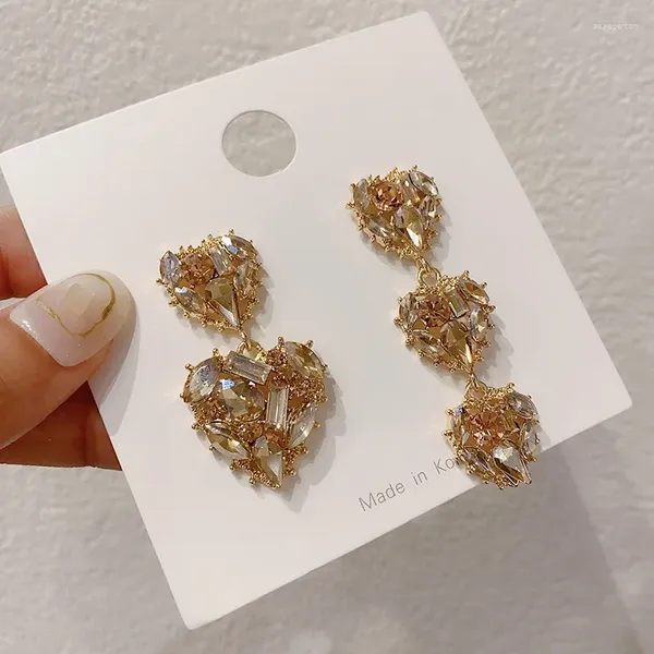 Pendientes de tuerca, pendiente colgante de cristal de amor exagerado, corazón grande brillante asimétrico para mujer, pendientes de joyería de moda Brincos