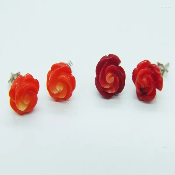 Boucles d'oreilles exquises !!2pair rouge orange 8 mm roses de corail naturel fleur