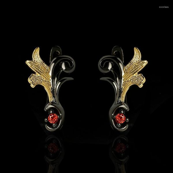 Boucles d'oreilles à tige exquise feuille bicolore en or noir pour les femmes ensemble de bijoux de haute qualité avec boucle d'oreille coréenne avancée en Zircon rouge