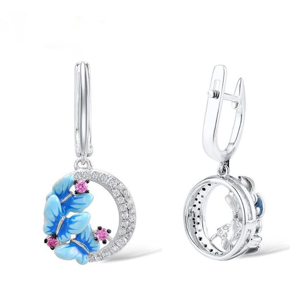 Pendientes de tuerca Exquisita mariposa azul Tres tachuelas pintadas de esmalte Plata Señoras Joyería epoxi Regalos de Navidad