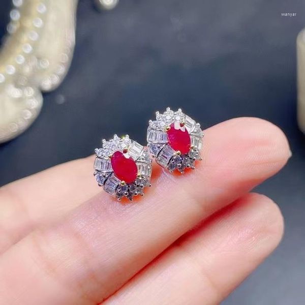 Boucles d'oreilles à tige exquis cadeau haut de gamme rubis naturel pour les femmes bijoux fins 4x6mm taille pierre précieuse véritable 925 argent usure quotidienne chance