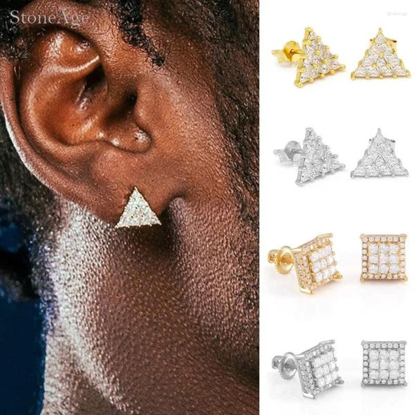 Pendientes de tuerca exquisitos Hip Hop helado para hombres, Piercing triangular, cuadrados, circonita, aguja roscada para oreja, joyería de rapero Punk E151