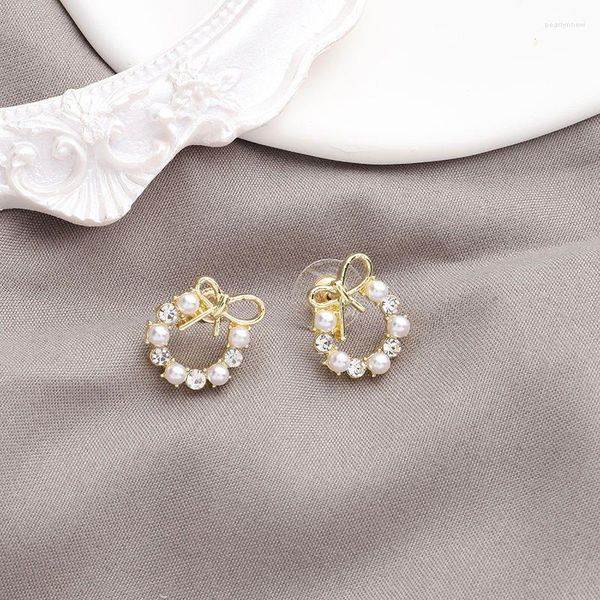 Boucles d'oreilles en cristal pour femmes, couronne de nœud papillon en perles exquises, boucles d'oreilles rondes creuses, bijoux de mariage, vente en gros, cadeau Pendientes