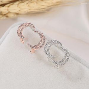 Boucles d'oreilles étalon exquise scintillante en forme de zircon brillant en forme de lune en forme d'étoile rose rose argenté plaqué pour les femmes