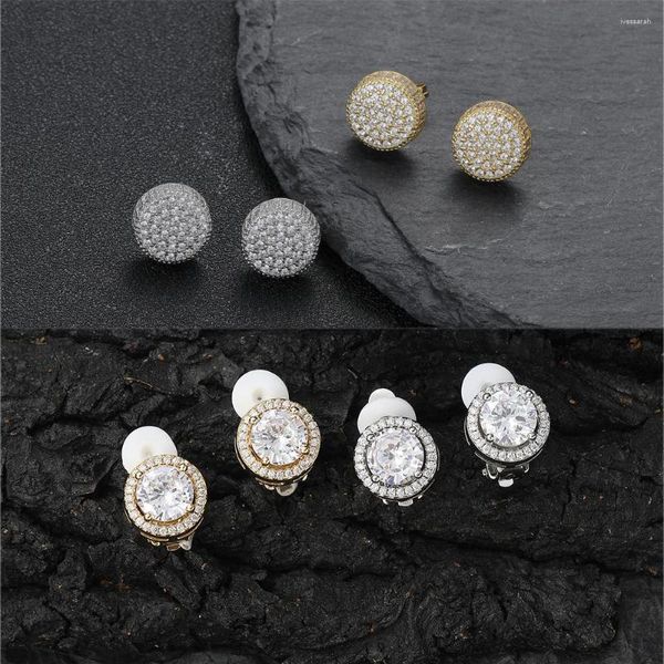 Boucles d'oreilles EYIKA Hip Hop Laiton Glacé Micro Pavé Zircone Cubique Rond Bling CZ Cristal Clip Boucle D'oreille Hommes Femmes Punk Bijoux