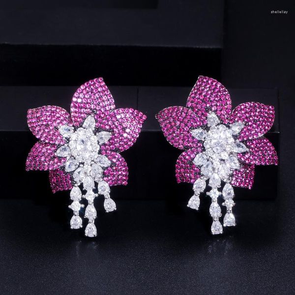 Pendientes de tuerca EYIKA diseño de lujo Mirco Pave Zircon gran rosa flor roja gota larga mujeres moda boda banquete pendiente joyería