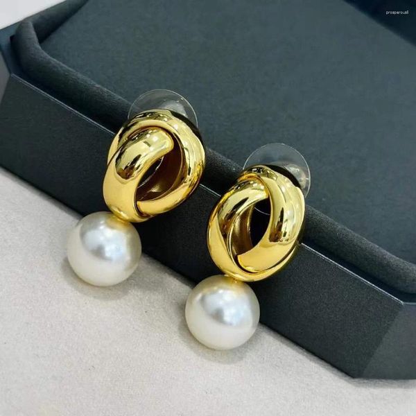 Boucles d'oreilles à clous pour femmes célèbres, grande perle, Vintage, cercle plaqué or lisse, Unique, géométrique, fête, accessoires de bijoux en métal