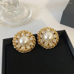Stud -oorbellen mode 18k gouden ronde kristal parel grote oorclip vrouwen luxe partij Europees Amerikaans ontwerp ar sieraden accessoires