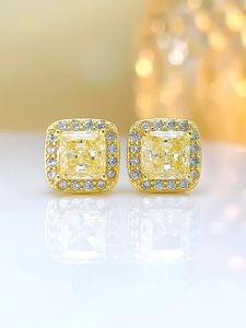 Boucles d'oreilles à tige en argent sterling 925, serties de diamants jaunes à haute teneur en carbone, petit carré de princesse au quotidien
