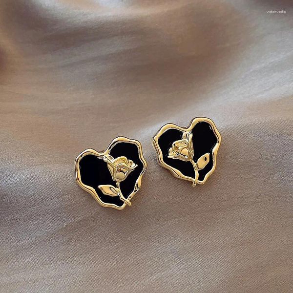 Boucles d'oreilles Mode Noir En Forme De Coeur Boucle D'oreille De Luxe Or Couleur Fleur Vintage Pour Femme Accessoires De Mariage À La Mode Boucles D'oreilles Anniversaire