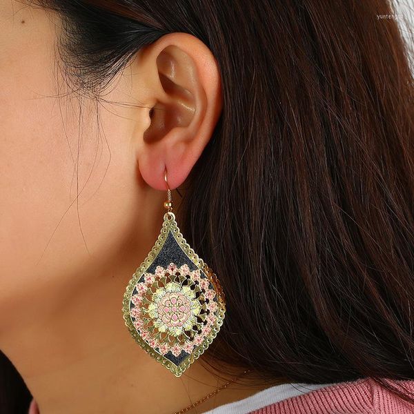 Boucles d'oreilles mode bohême en acier inoxydable grande longue fleur évider boucle d'oreille pour les femmes coloré goutte à goutte d'huile bijoux accessoires