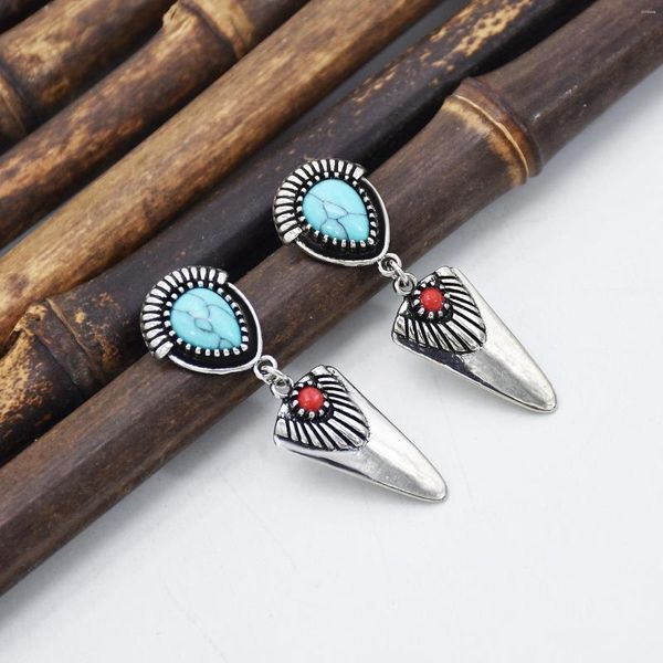 Boucles d'oreilles à tige mode bohème Vintage tibétain argent naturel Turquoise incrusté bleu rouge gemme Triangle pendentif