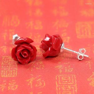 Boucles d'oreilles à clous en argent Sterling S925 pour femmes, bijoux à la mode, célébration de la bonne chance, Roses rouges en chine, pierre de corail
