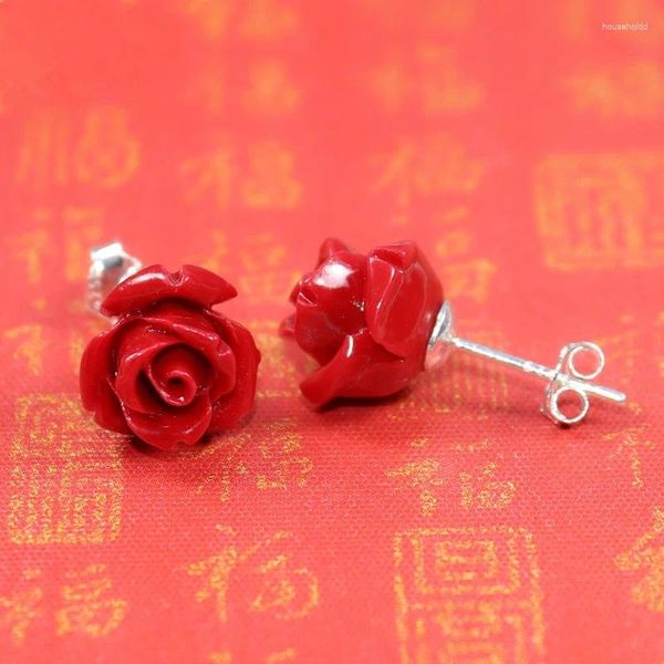 Pendientes de tuerca a la moda para celebrar la buena suerte, rosas rojas en China, piedra de Coral, joyería de plata de ley S925 para mujer