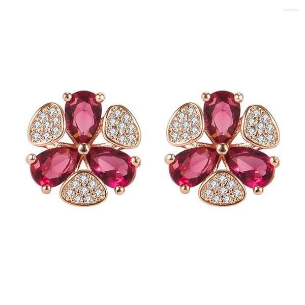 Pendientes de tuerca a la moda, molino de viento elegante, flor, cristal rojo, rubí, piedras preciosas, diamantes, accesorios de joyería de Color oro rosa para mujer 2023