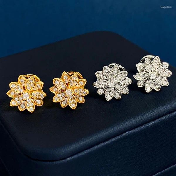 Pendientes de tuerca de moda Chinoiserie Lotus lleno de diamantes para mujer, chapado en plata de ley 925, no se decolora, joyería de marca fina