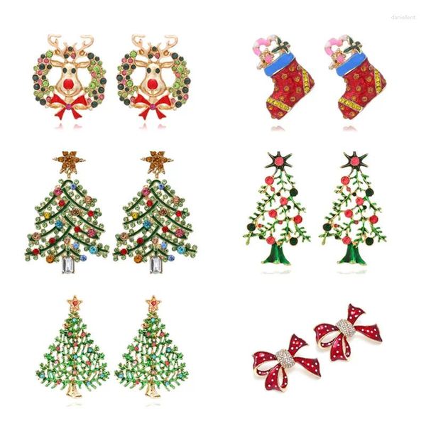 Boucles d'oreilles à la mode pour femmes et filles, arbre de noël, cerf, nœud mignon, élan, strass, bijoux cadeaux de bonne année