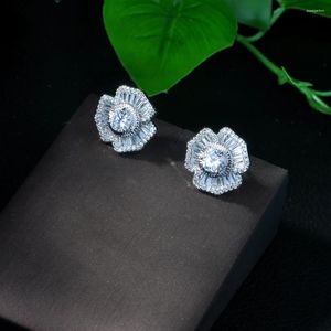 Stud Oorbellen Fashion Design Elegante Zirconia Sieraden Zilver Kleur Fonkelende CZ Stenen Grote Bloem Voor Vrouwen E-405