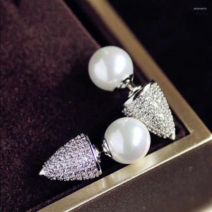 Boucles d'oreilles à clous pour femmes, Design distinctif, en forme de pointe, pierre de zircone cubique, pavé complet, Double face, perle, bijoux pour femmes