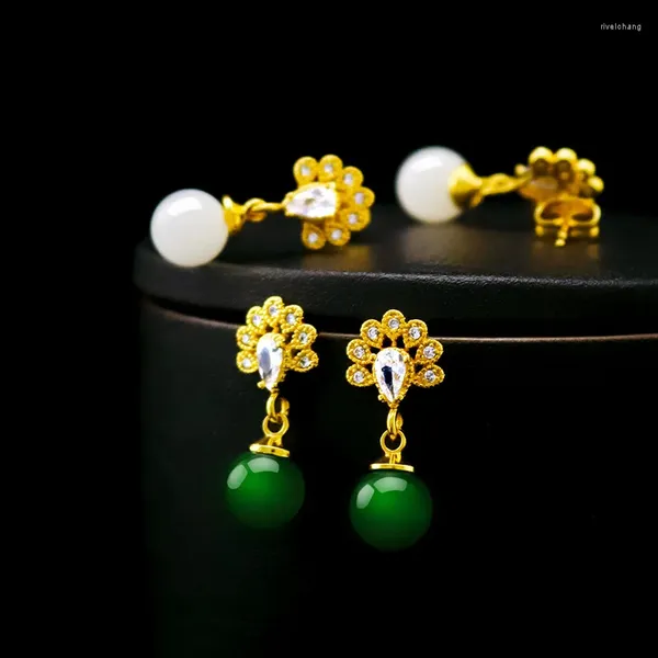 Pendientes de tuerca Pendiente de moda para mujer chapado en oro de 14K piedra Esmeralda verde de lujo piedra preciosa de circón Jade joyería de oreja regalo femenino