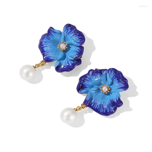 Pendientes de tachuelas Flor de esmalte para mujeres Temperamento Blue Trompeta Blue Pearl Wedding Party Jewelry
