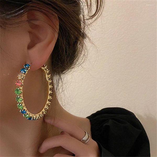 Boucles d'oreilles à clous pour femmes, grand cerceau rond en cristal coloré, Bijoux de fête géométriques