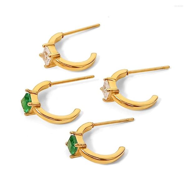 Boucles d'oreilles mode cerceau titane acier en forme de C incrusté carré vert Zircon ornement gelée anneau bijoux fins par cadeau