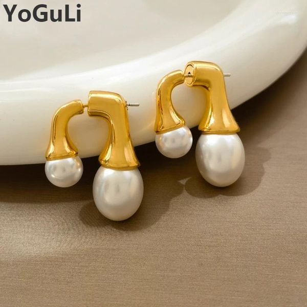 Pendientes de tuerca, joyería de moda, aguja de plata 925, Color dorado grueso, Perla simulada frontal trasera para mujer y niña, accesorios de regalo para fiesta