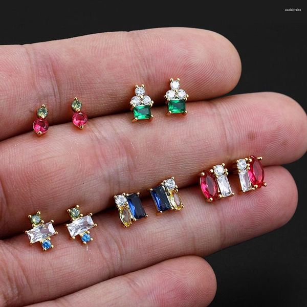 Pendientes de tuerca a la moda de cristal multicolor coreano, pequeños anillos geométricos de acero inoxidable con circonita cruzada, joyería Bohemia, gota