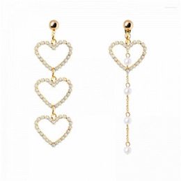Boucles d'oreilles mode coréenne simulée perle gland cristal amour coeur pour les femmes boucle d'oreille asymétrique fête de mariage bijoux cadeau