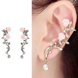 Boucles D'oreilles De Mode Dame Rose Rose Feuille Fleur Oreille Manchette Boucle D'oreille Femmes Bijoux Pendientes Princesas Boucle D'oreille Cristal