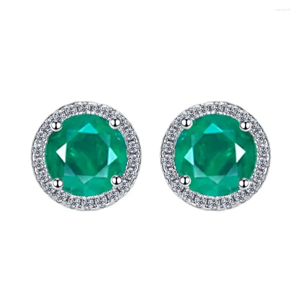 Boucles d'oreilles à étalons Léger LUXE SAG ROND SAGE FULL DIAMOND SET avec imitation de 5 mm émeraude pour les femmes 925 Silver