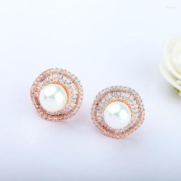 Boucles d'oreilles mode luxe couleur or Rose simulé-perle pour femmes bijoux brillant zircon cubique boucle d'oreille de mariage E-255