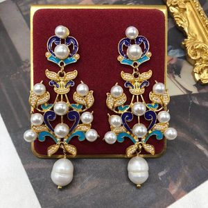 Boucles D'oreilles Mode Médiévale Plaqué Or Émail Coloré Argent Aiguille Perle Bijoux Femme