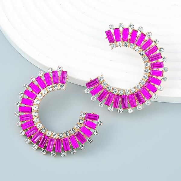 Pendientes de tuerca a la moda, cristal fucsia multicolor, forma de C, joyería geométrica para fiesta y boda para mujer, venta al por mayor